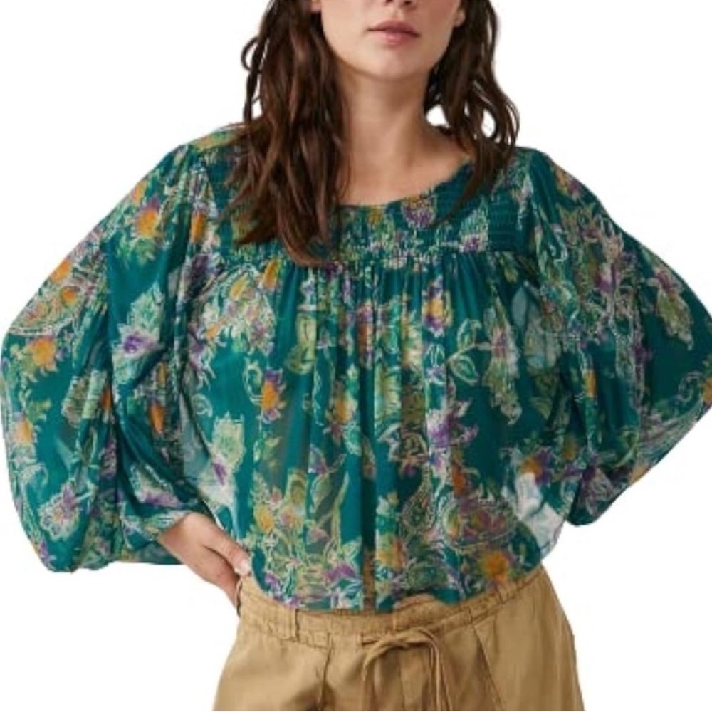Free People Up For Anything Floral Top Emerald Combo Boho Blouse NWT Size M
